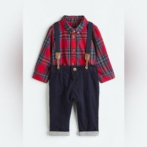 H&M Baby Kids Dark Blue Red Plaid Formal Suspenders Set 4T Boys Toddler